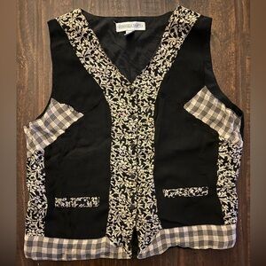 VTG Amanda Smith Black & Cream Floral Plaid Patches Button Down Vest - Size Med